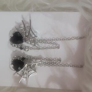 Black Crystal Heart Spiderweb Earrings
